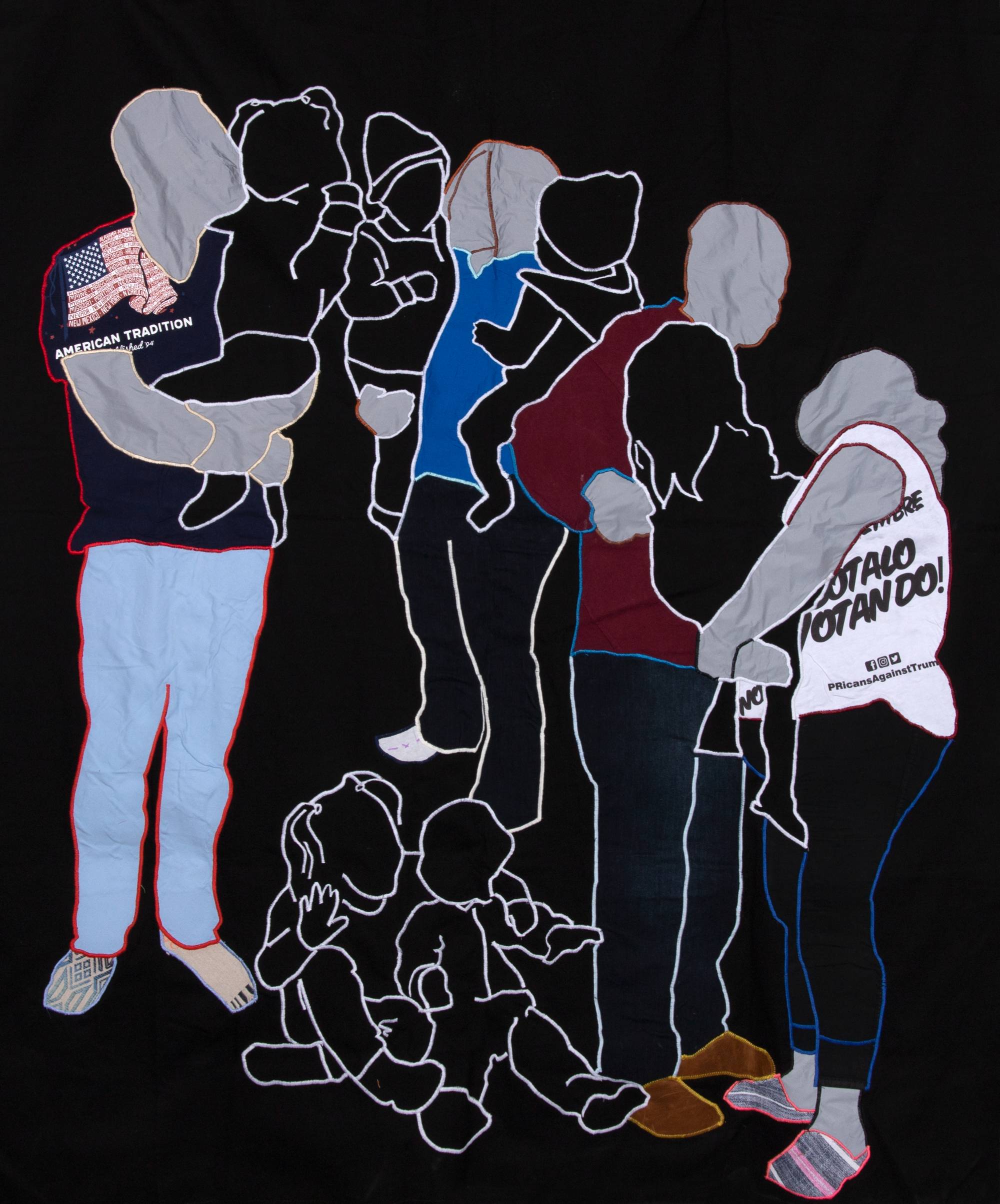 Image of a textile with outlines of different people.